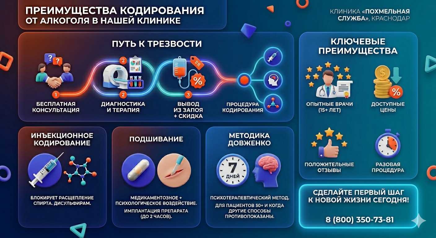 Инфографика о методах кодирования от алкоголя в Селятино: инъекции, подшивание, метод Довженко. Преимущества клиники и этапы лечения.
